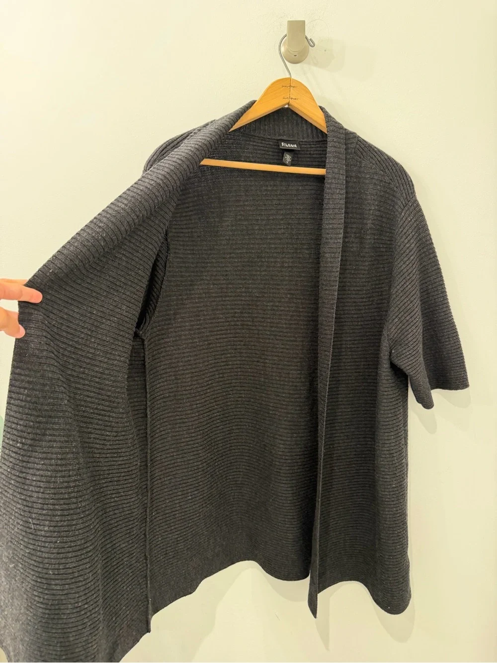 Eileen Fisher Italian Yarn Charcoal Gray Short Sleeve Open Front Ribbed Cardigan